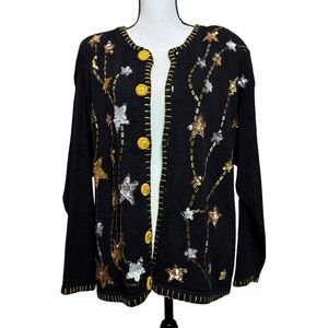 VNTG Victoria Harbour Cardigan L Black Sequin‎ Star Embellished Holiday Sweater